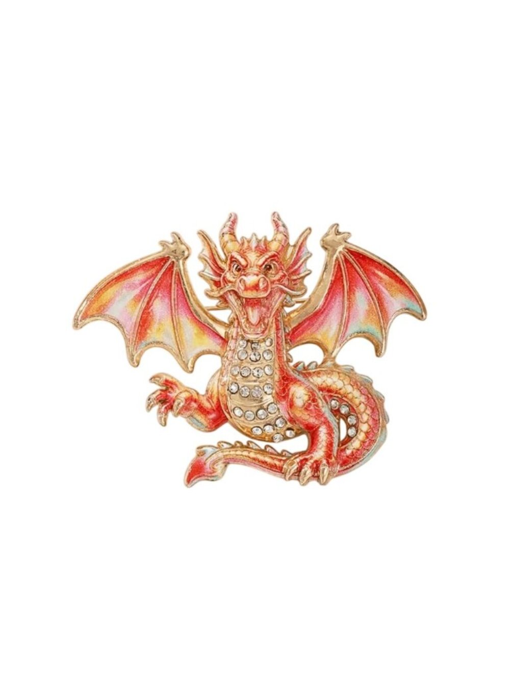 Dragon Enamel & Crystal Brooch Pin Gold-Tone Red Orange Yellow